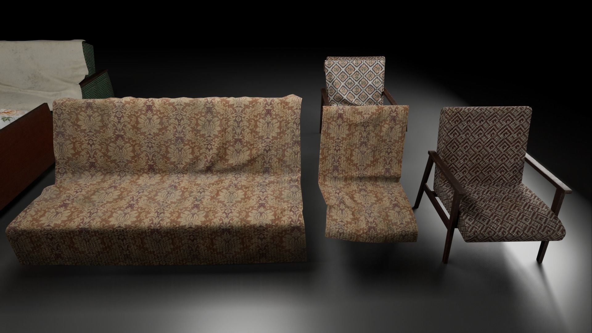Post Soviet Bed and Sofas UE4 Low-poly 3D model_6