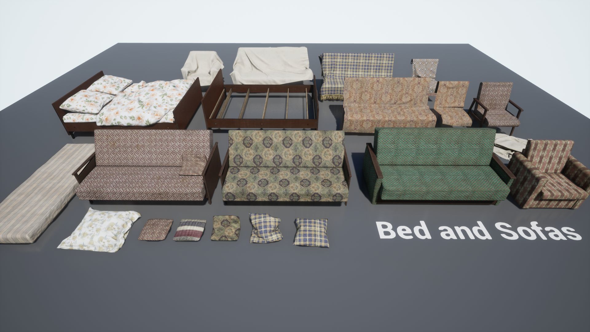 Post Soviet Bed and Sofas UE4 Low-poly 3D model_7