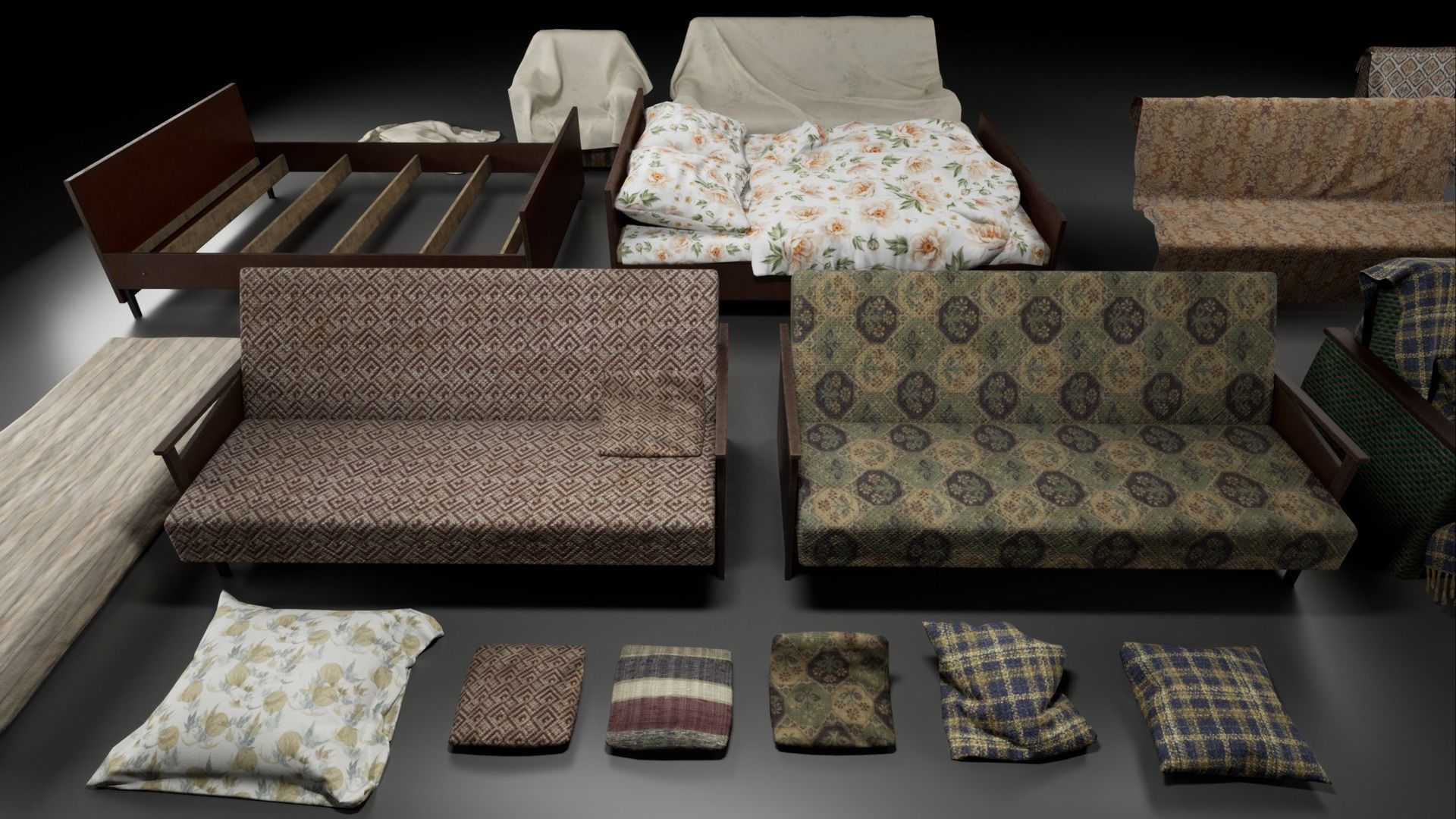 Post Soviet Bed and Sofas UE4 Low-poly 3D model_1
