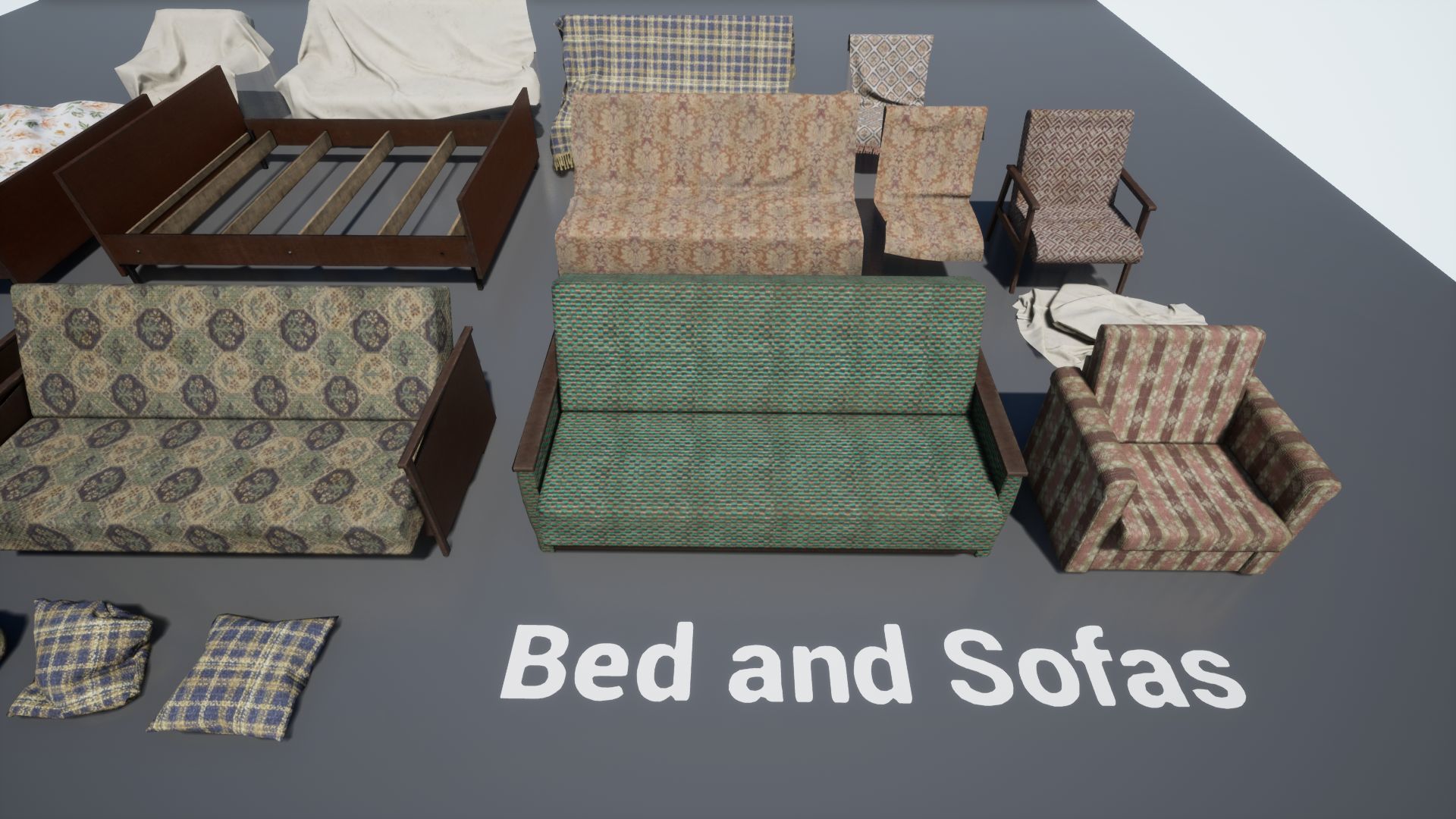 Post Soviet Bed and Sofas UE4 Low-poly 3D model_8