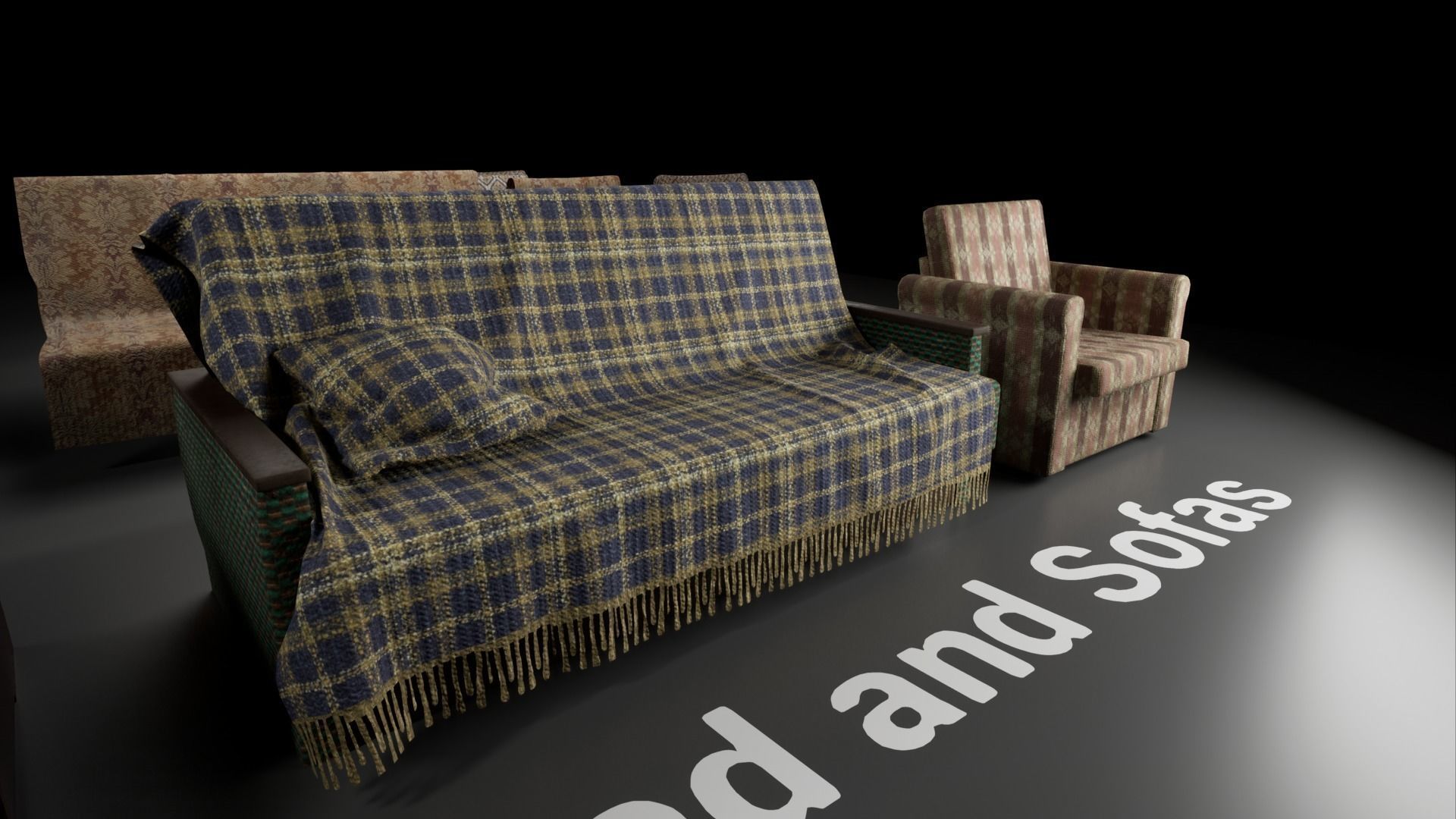 Post Soviet Bed and Sofas UE4 Low-poly 3D model_3