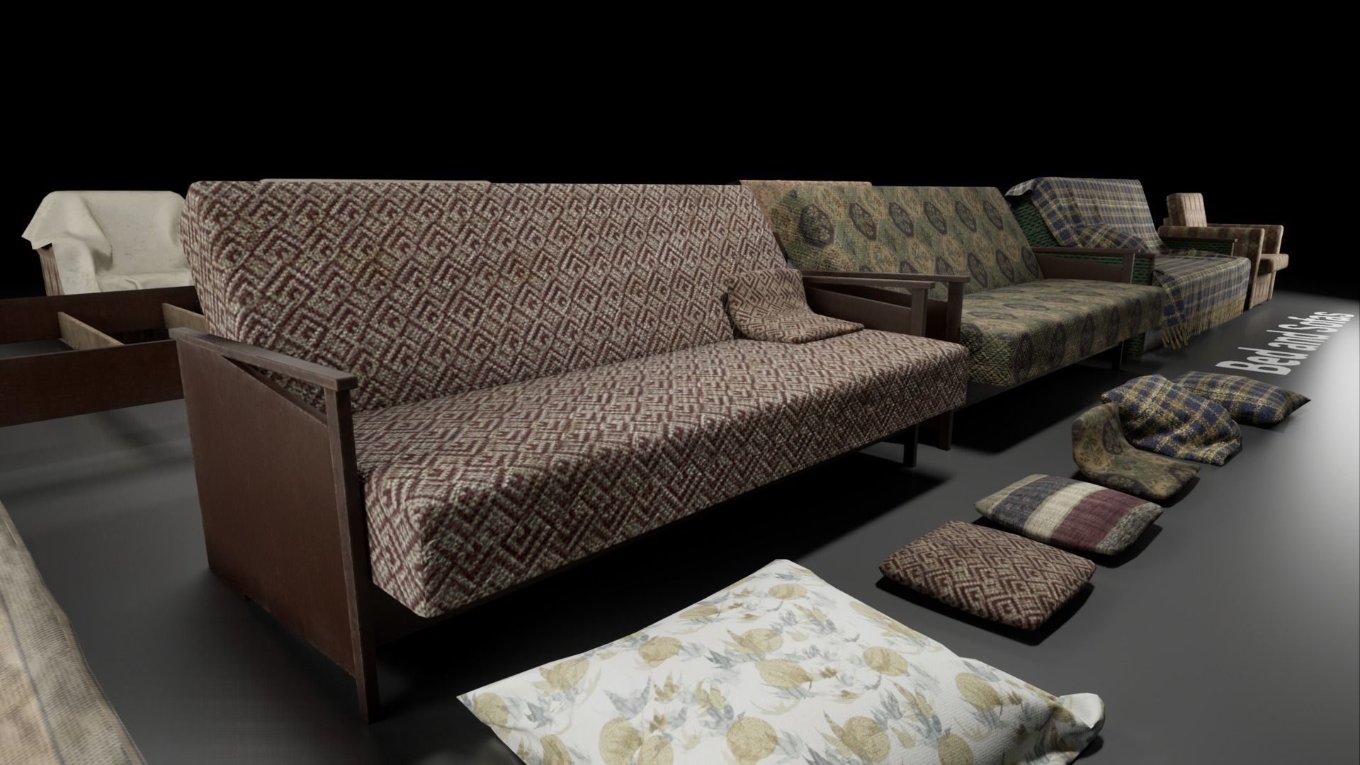 Post Soviet Bed and Sofas UE4 Low-poly 3D model_4
