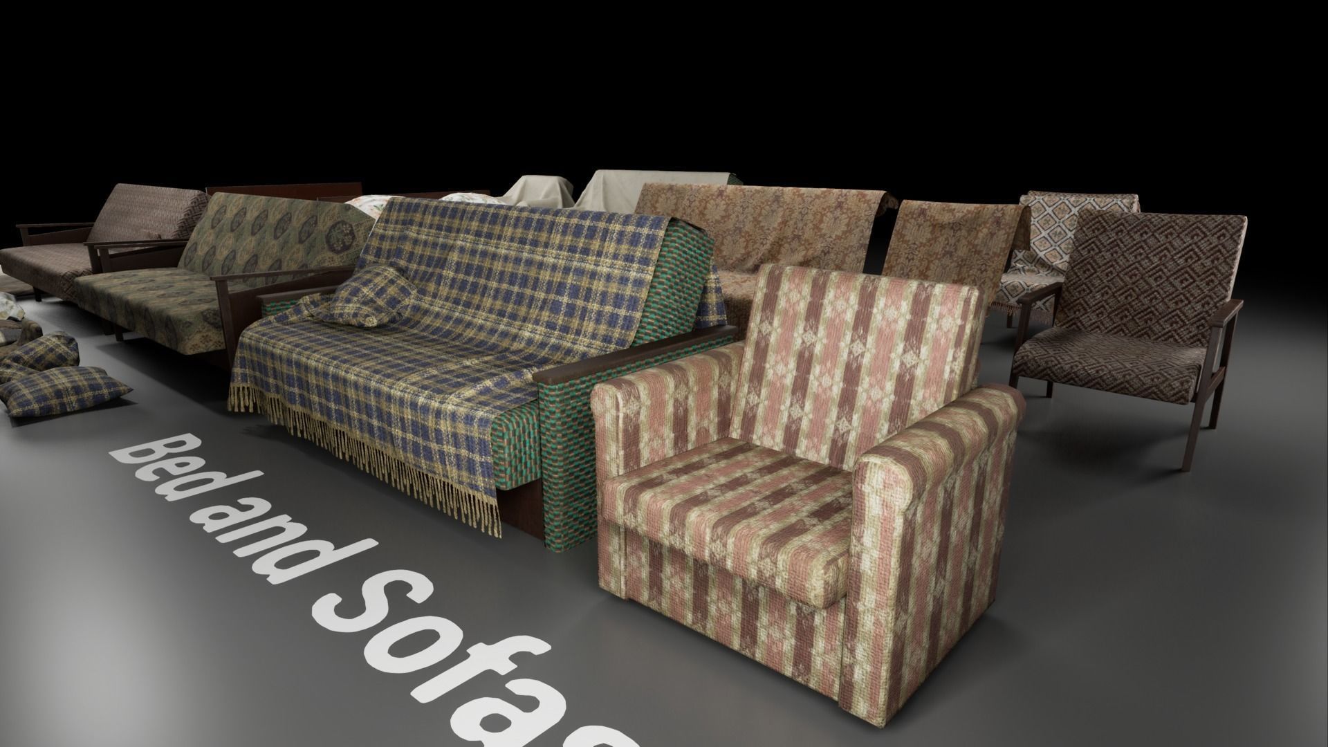 Post Soviet Bed and Sofas UE4 Low-poly 3D model_2