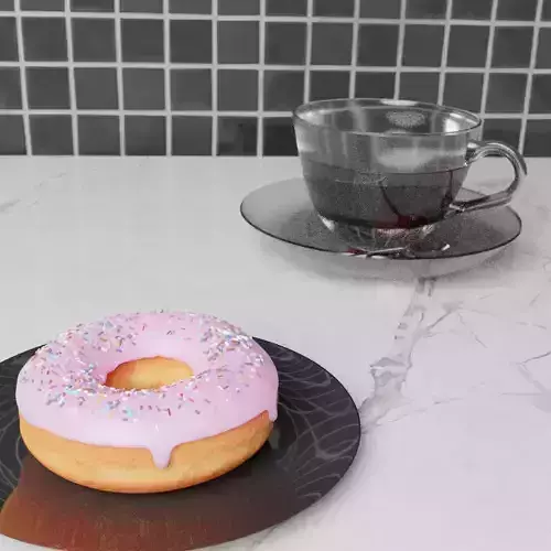 Donut with a cup of tea in the kitchen countertops