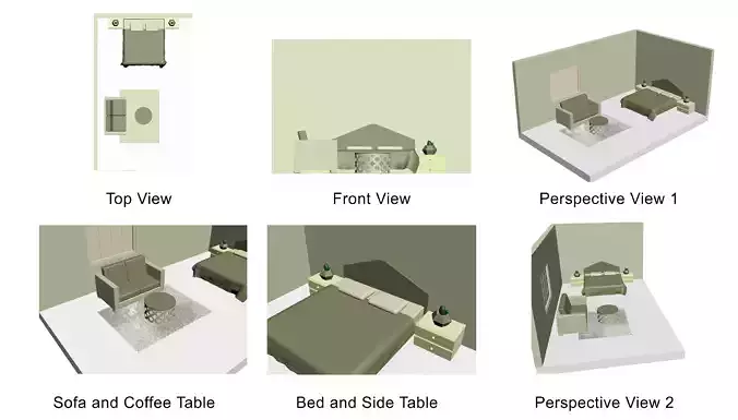 bedroom living room with different views