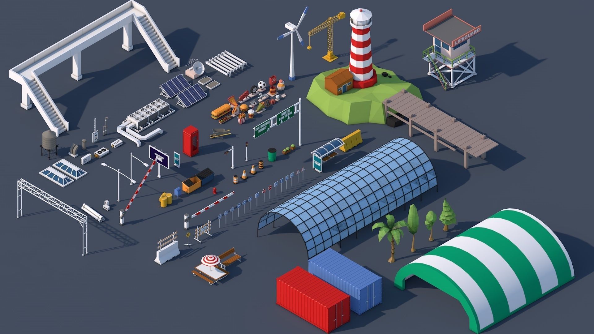 Roads Rooftop Street Elements 3 in 1 Low-poly 3D model_1