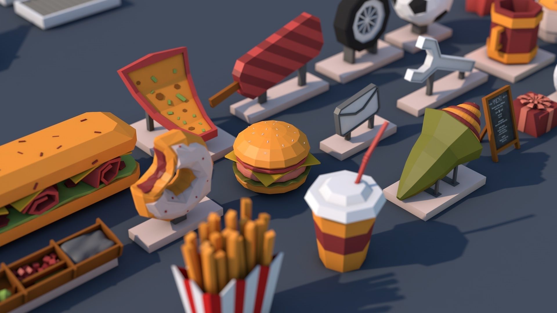 Roads Rooftop Street Elements 3 in 1 Low-poly 3D model_3