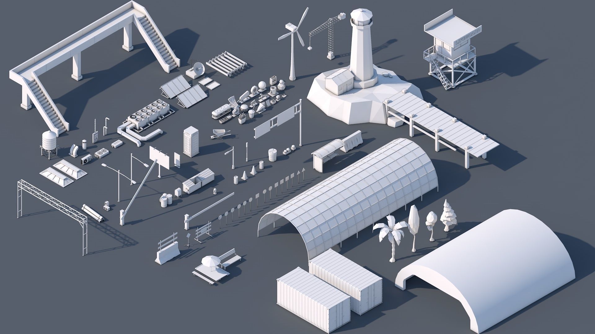 Roads Rooftop Street Elements 3 in 1 Low-poly 3D model_2