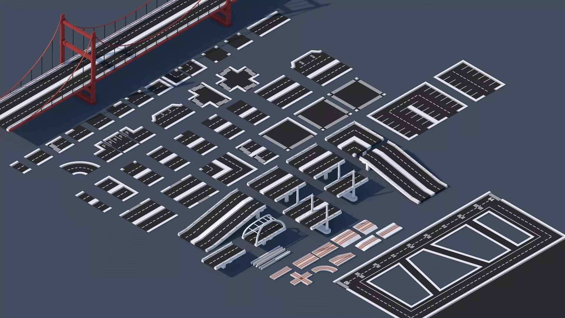 Roads Rooftop Street Elements 3 in 1 Low-poly 3D model_0