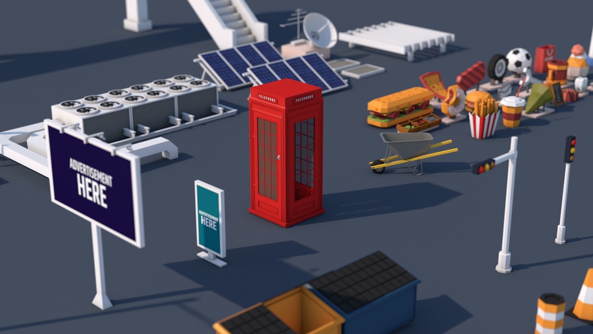 Roads Rooftop Street Elements 3 in 1 Low-poly 3D model_4