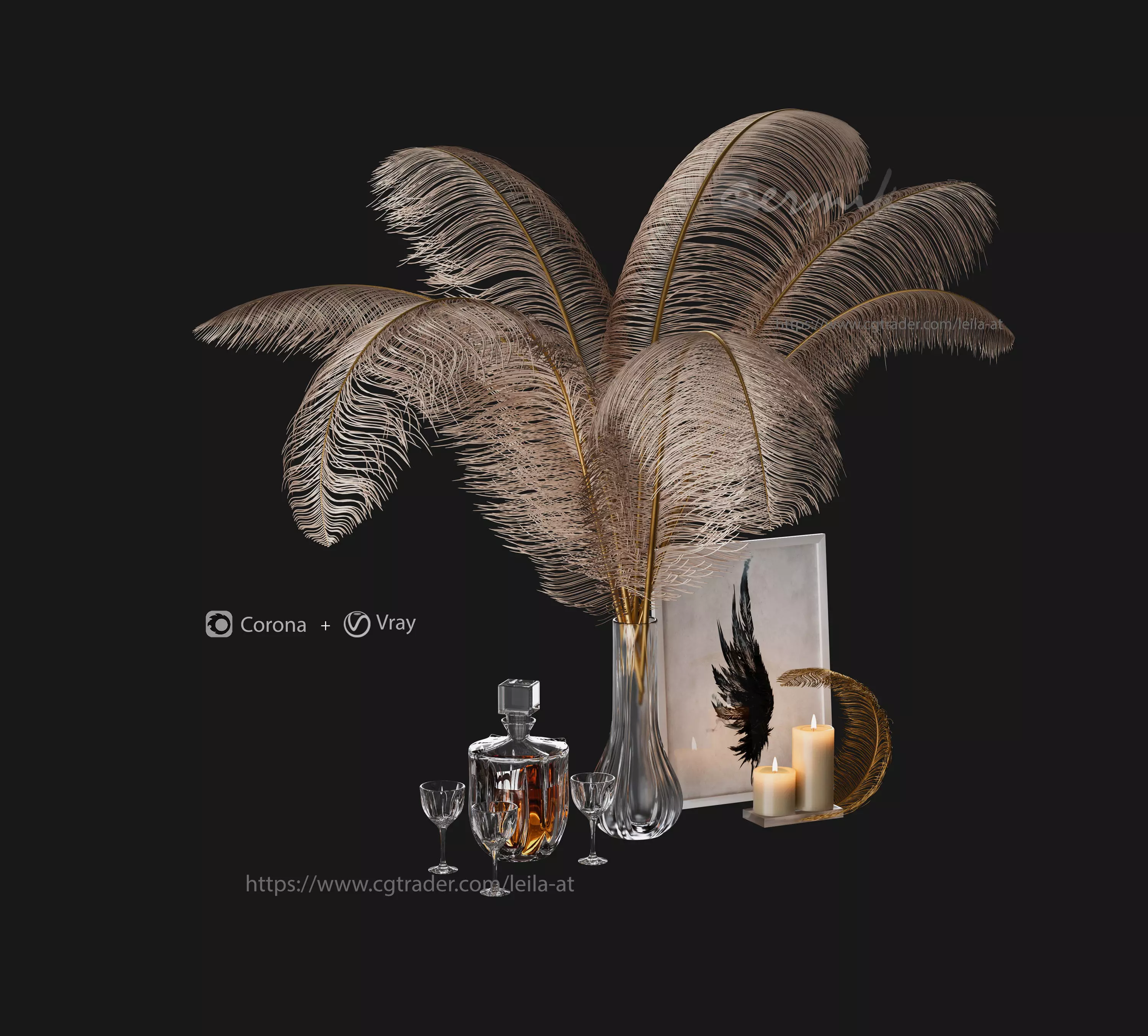 decorative set feathers wine 3D model_0