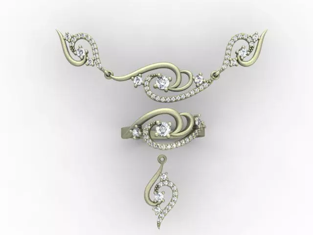 Gold Set necklace and ring with diamonds 3D print model_0