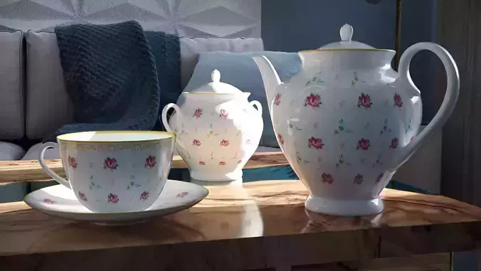 Tea set flower pattern Free low-poly 3D model