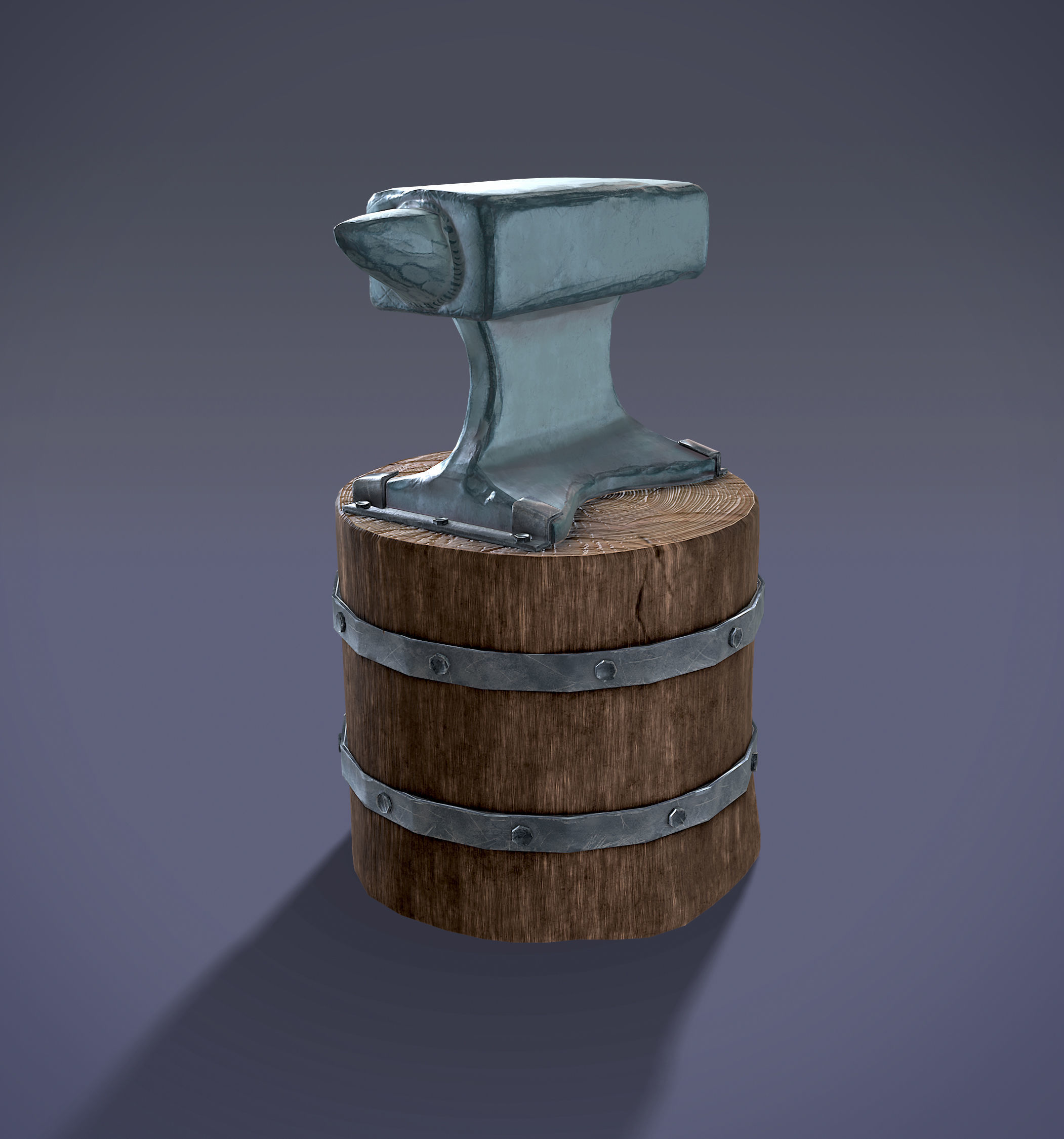 Low Poly Anvil wooden barrel with hammer Low-poly 3D model_5