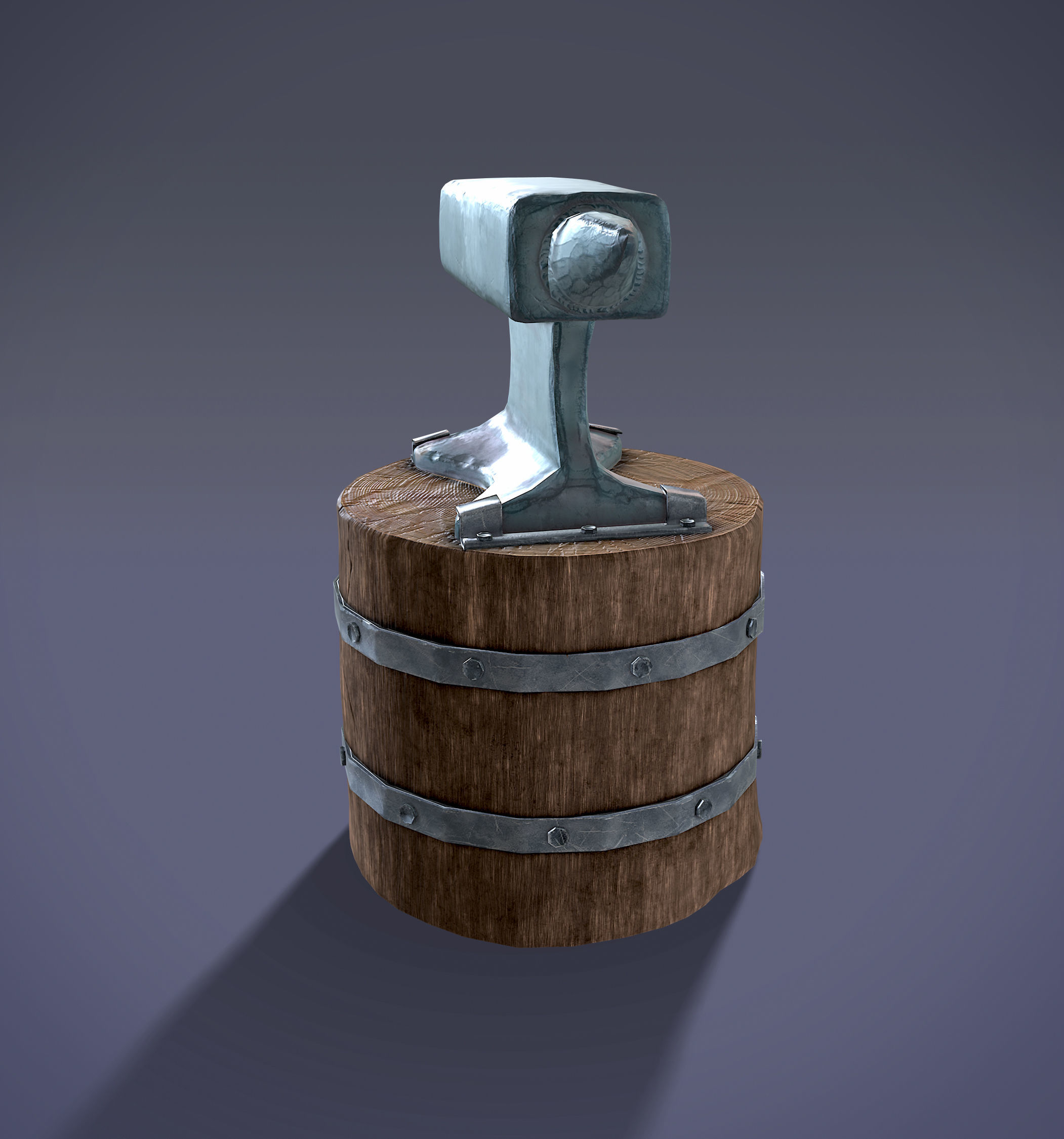 Low Poly Anvil wooden barrel with hammer Low-poly 3D model_6