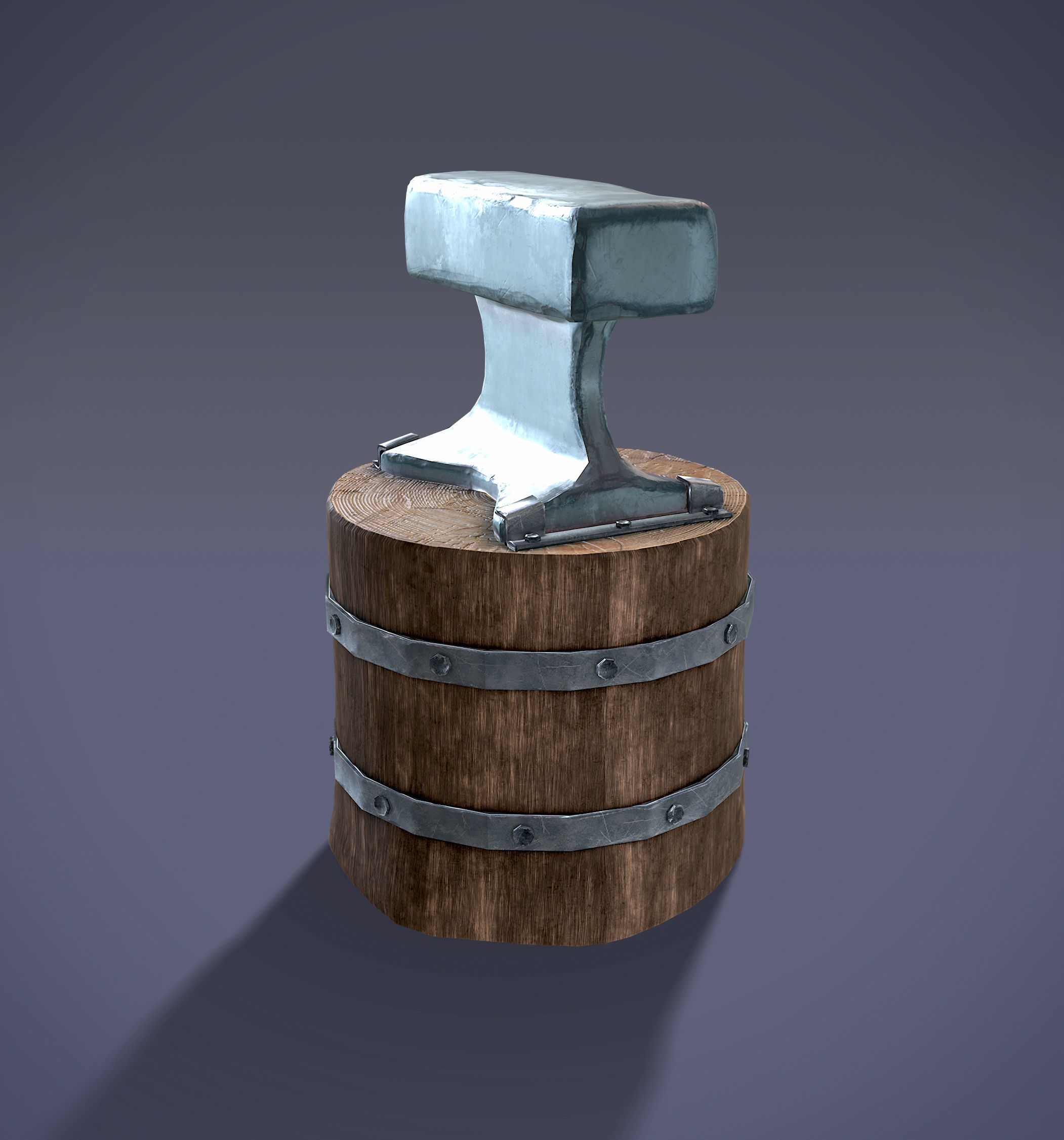 Low Poly Anvil wooden barrel with hammer Low-poly 3D model_10