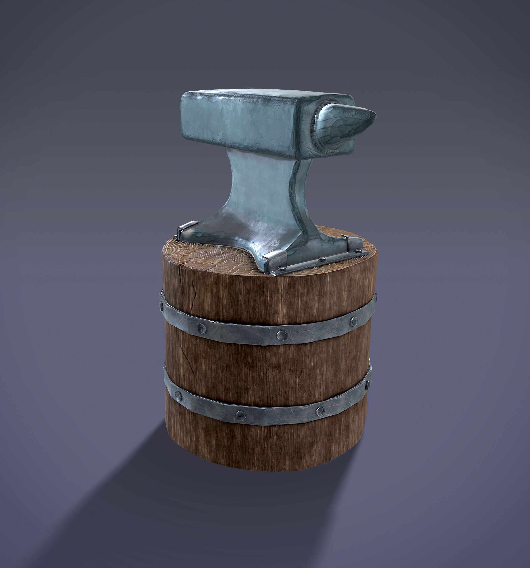Low Poly Anvil wooden barrel with hammer Low-poly 3D model_7
