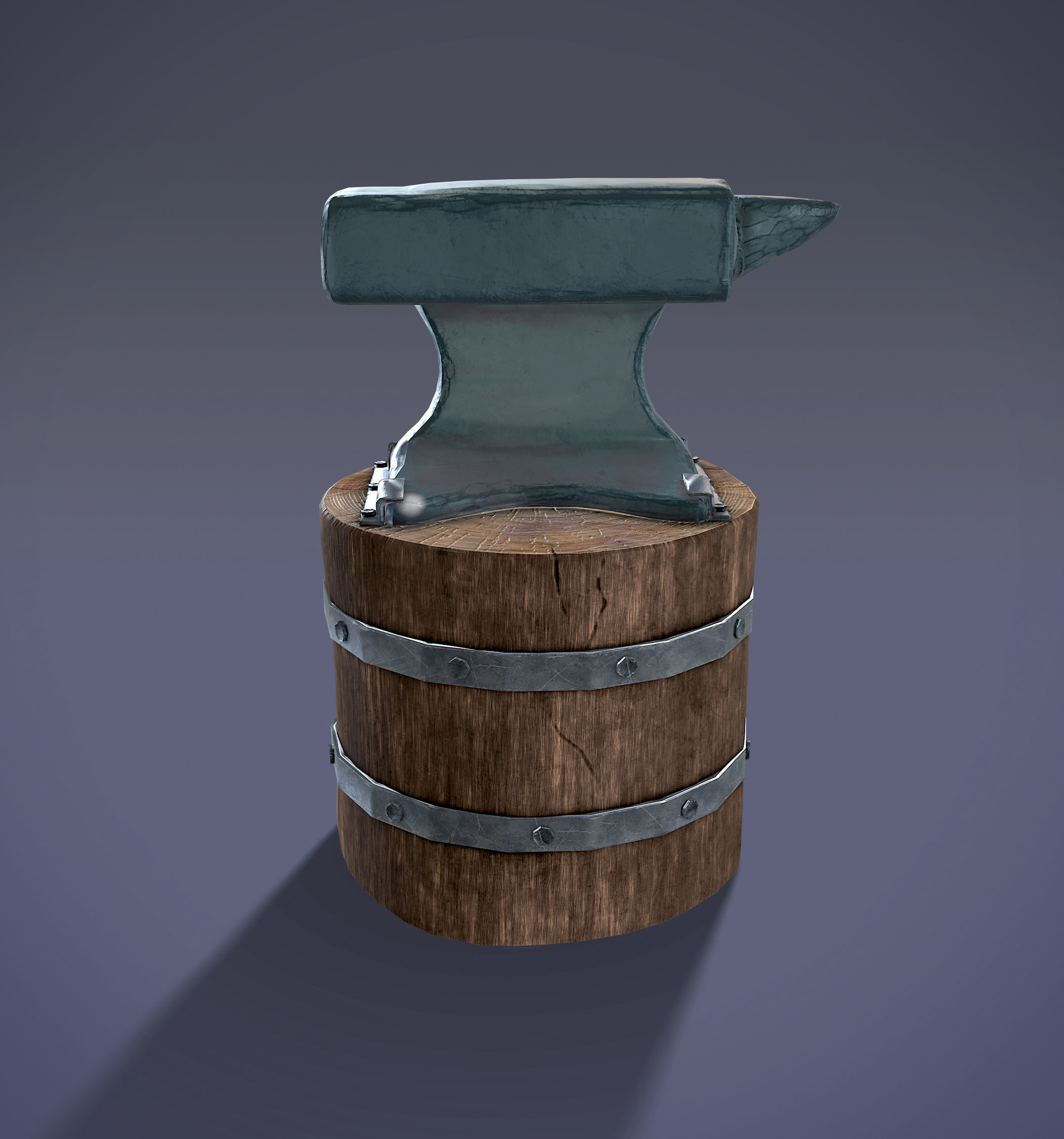 Low Poly Anvil wooden barrel with hammer Low-poly 3D model_8