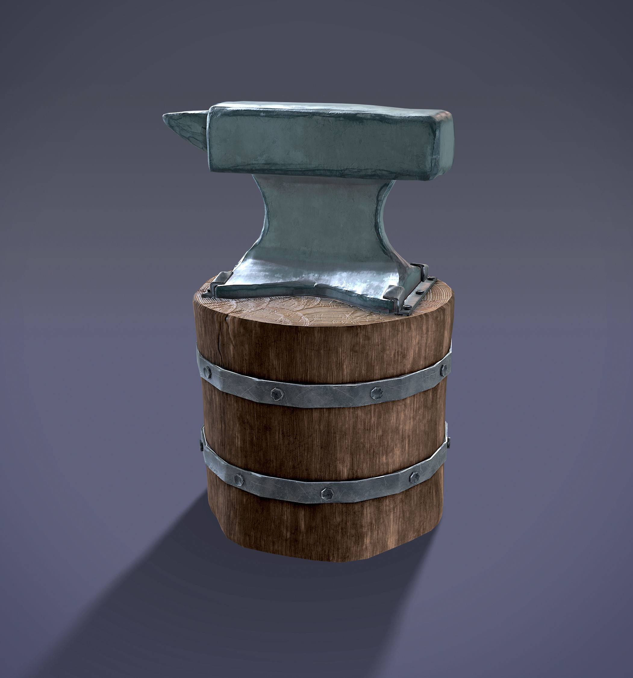 Low Poly Anvil wooden barrel with hammer Low-poly 3D model_11