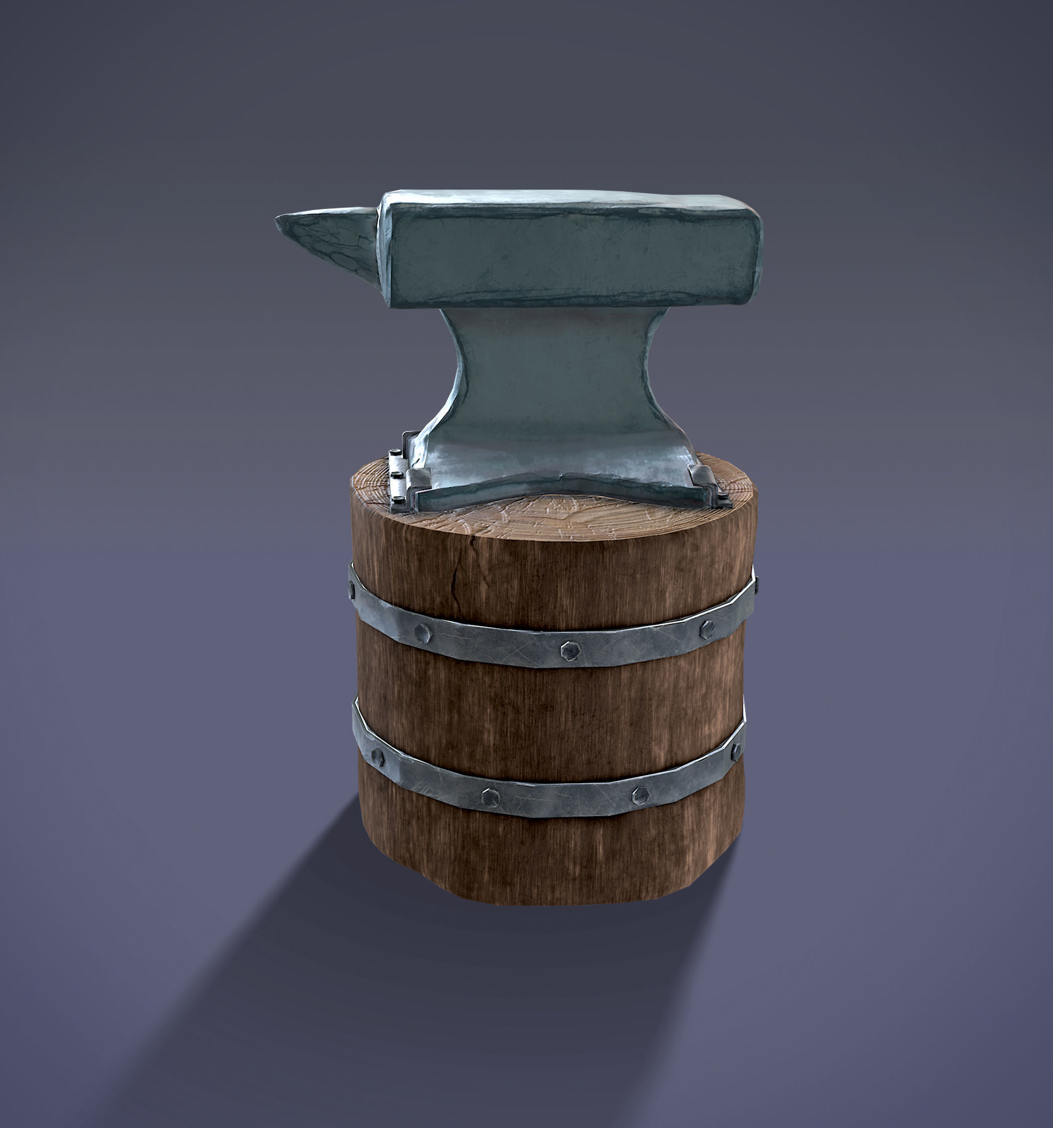 Low Poly Anvil wooden barrel with hammer Low-poly 3D model_4