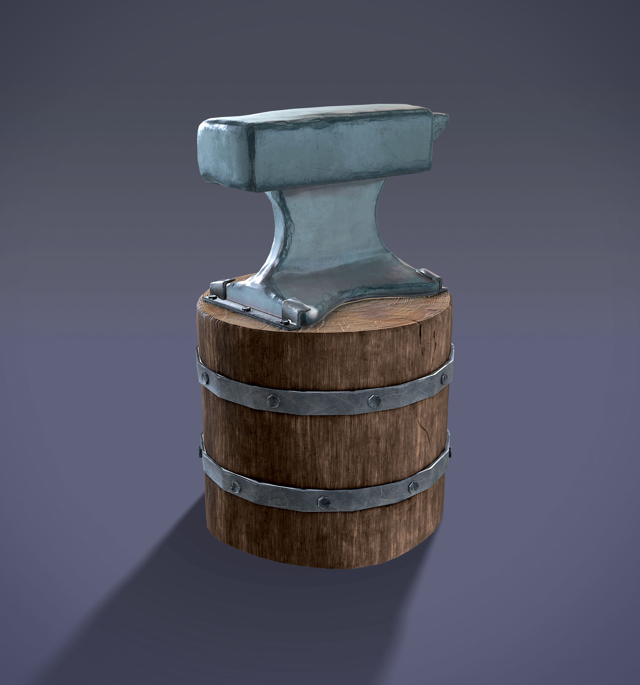 Low Poly Anvil wooden barrel with hammer Low-poly 3D model_9