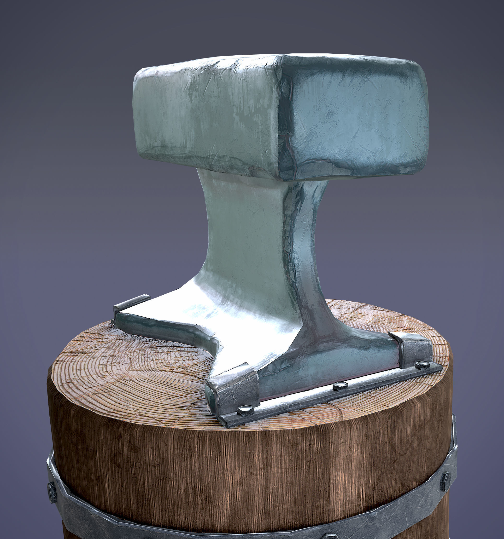 Low Poly Anvil wooden barrel with hammer Low-poly 3D model_3