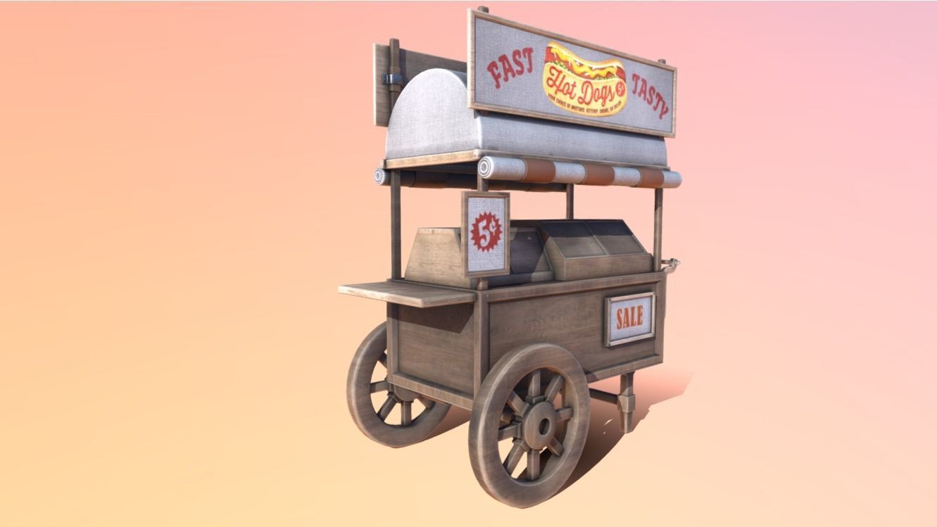 Wooden street food cart model with textures and UVs 3D model_9