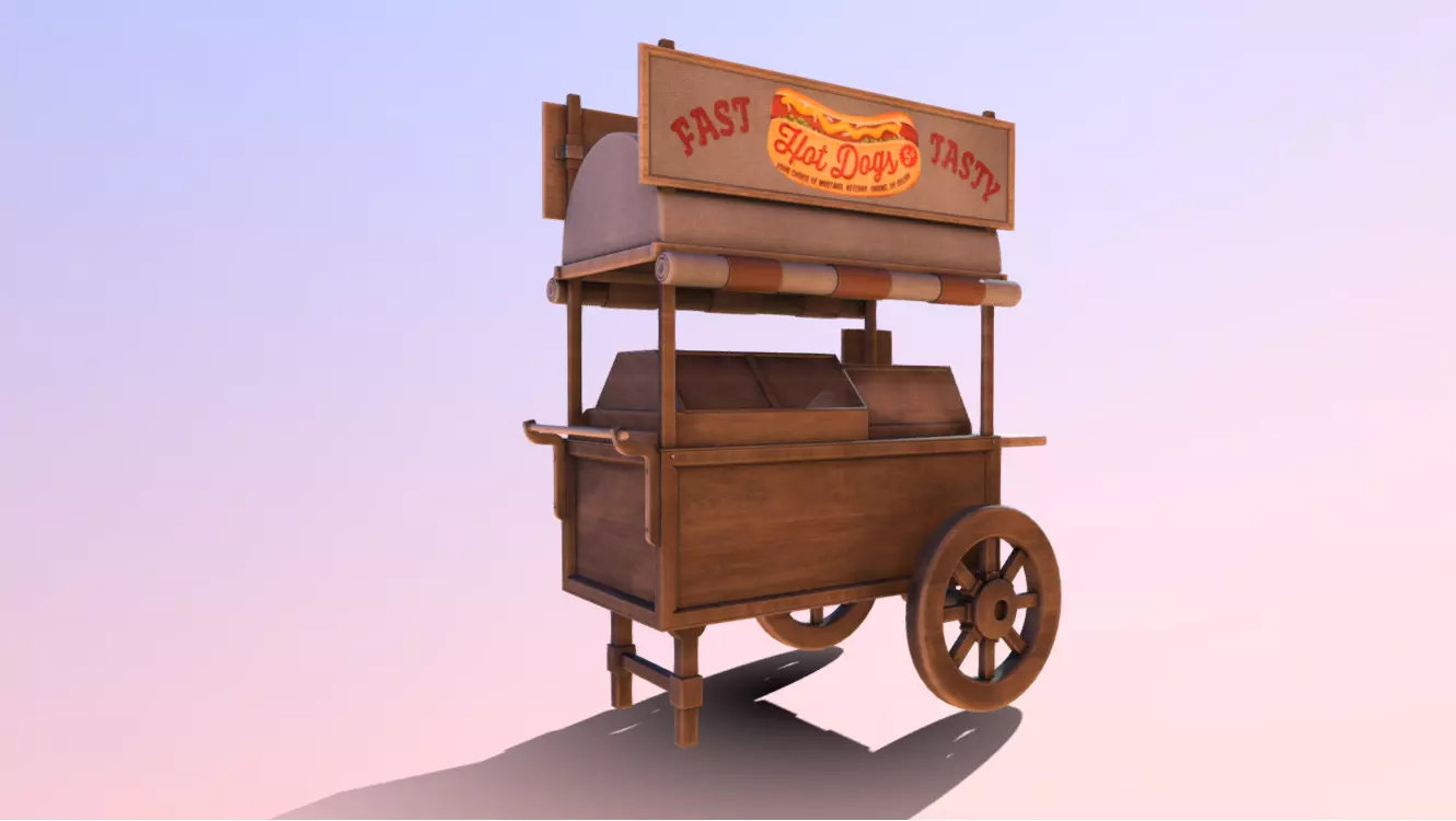 Wooden street food cart model with textures and UVs 3D model_0