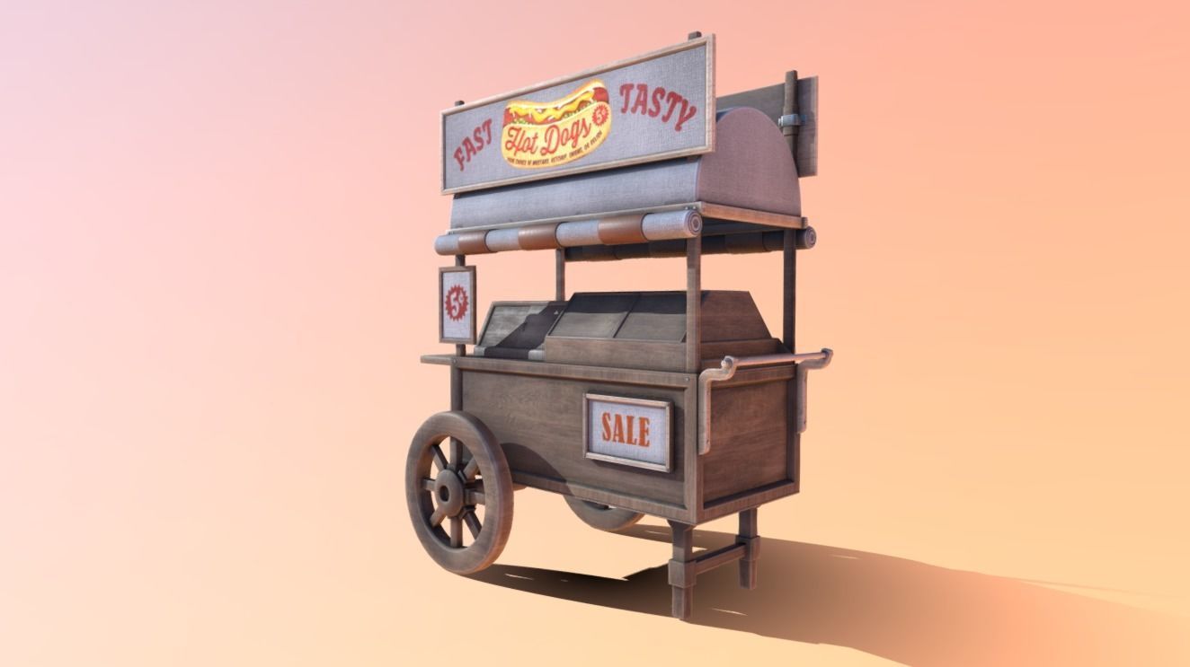 Wooden street food cart model with textures and UVs 3D model_7