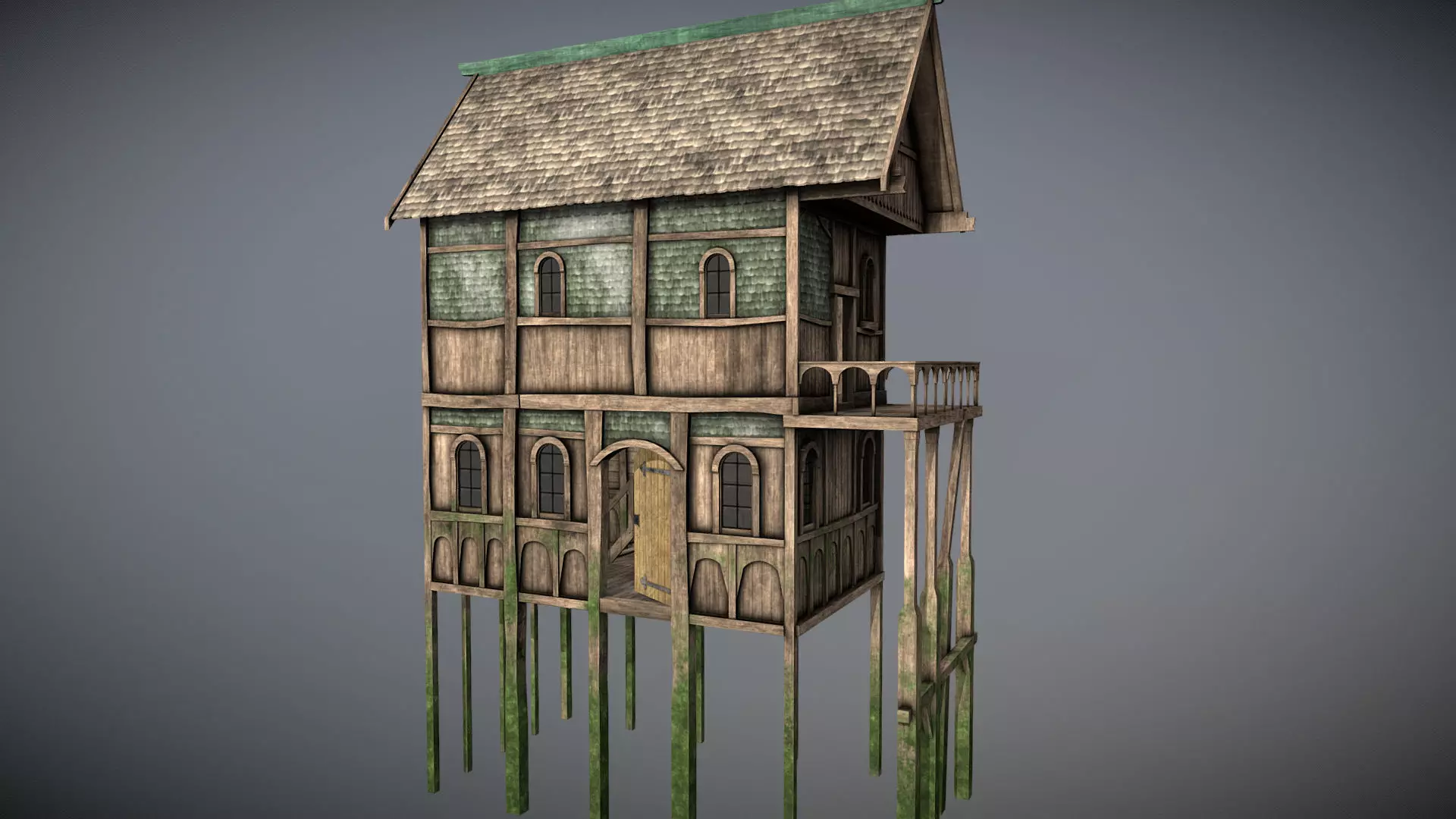 Medieval Lake Village - House 2 with interiors Low-poly 3D model_0