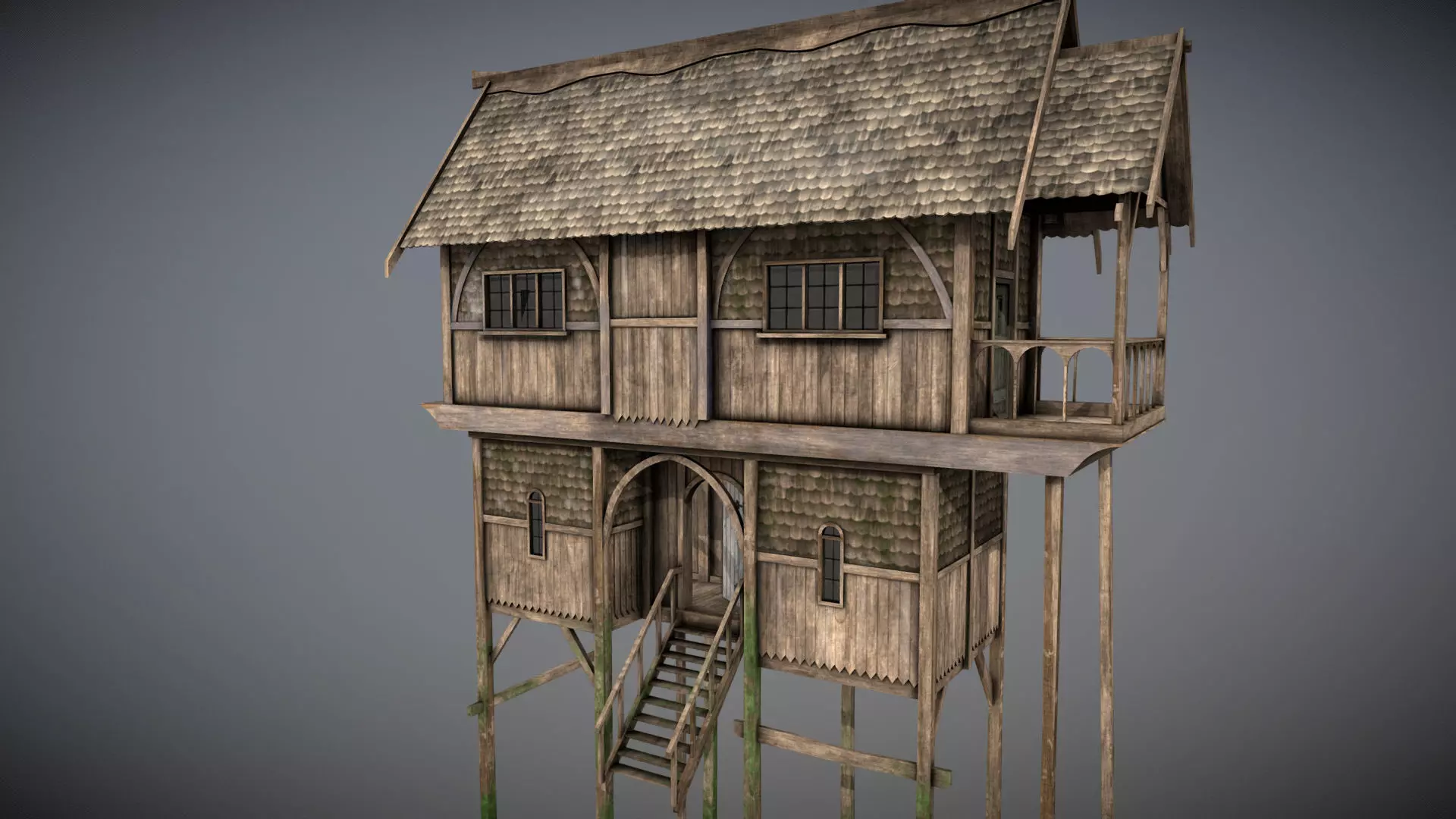 Medieval Lake Village - House 3 with interiors Low-poly 3D model_0