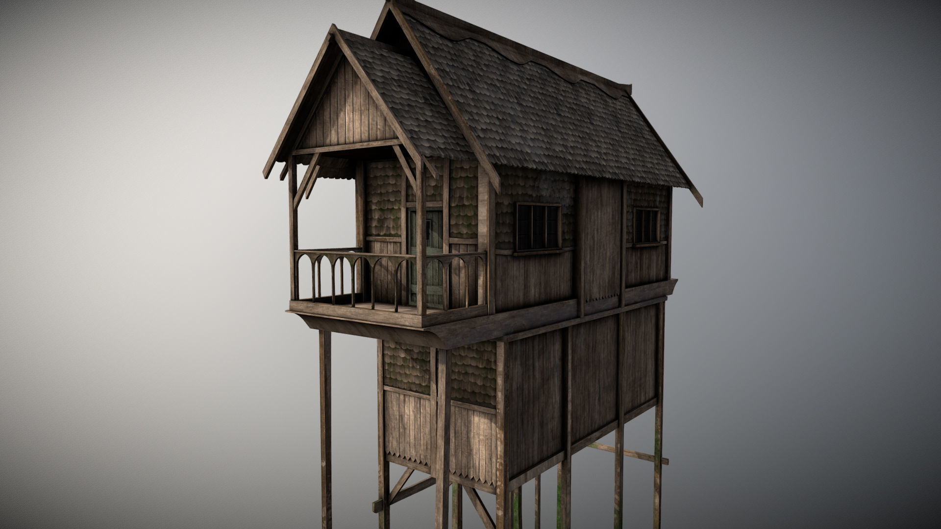 Medieval Lake Village - House 3 with interiors Low-poly 3D model_1