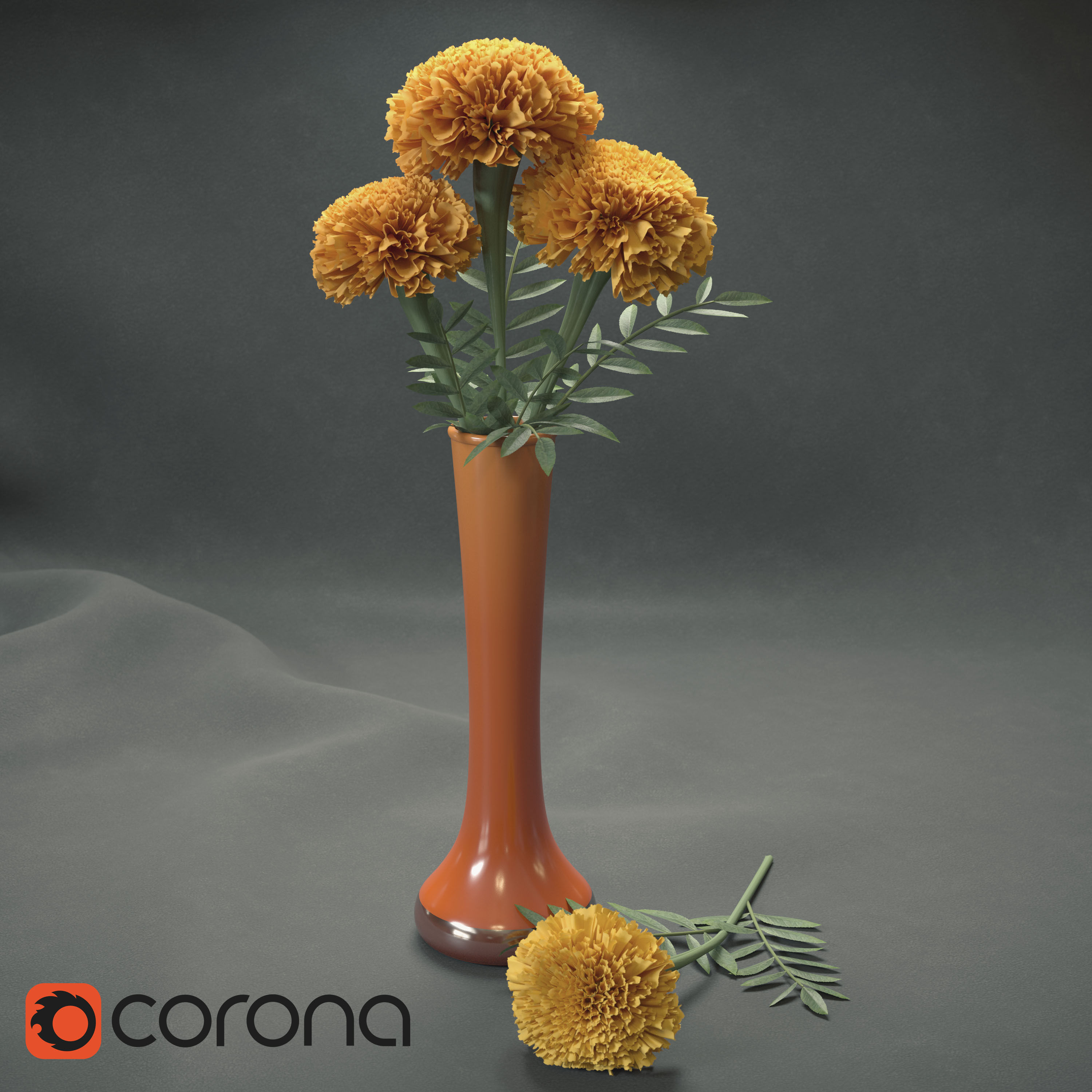 Marigolds orange flowers in vase 3D model_1