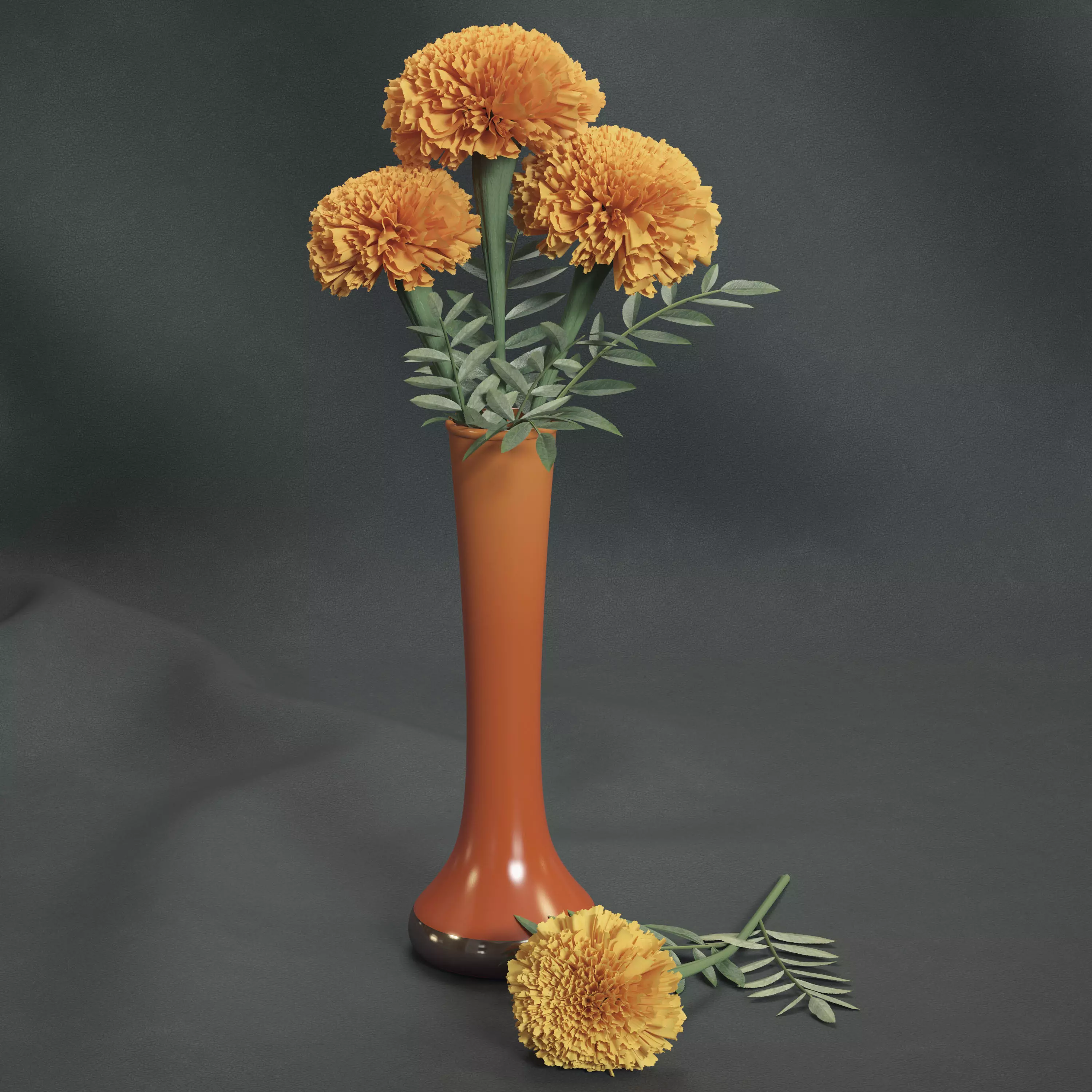 Marigolds orange flowers in vase 3D model_0