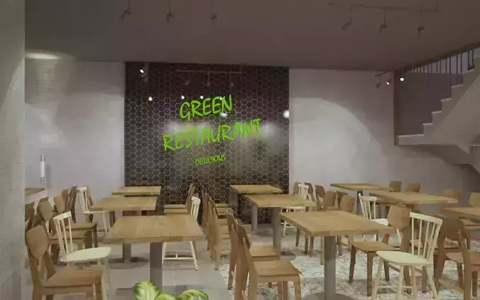 3d Exterior and interior of a green restaurant