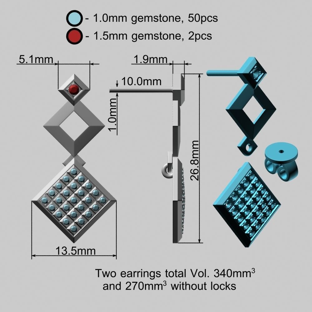 Rhodium Plated Quad Gold Earrings 3D print model_18