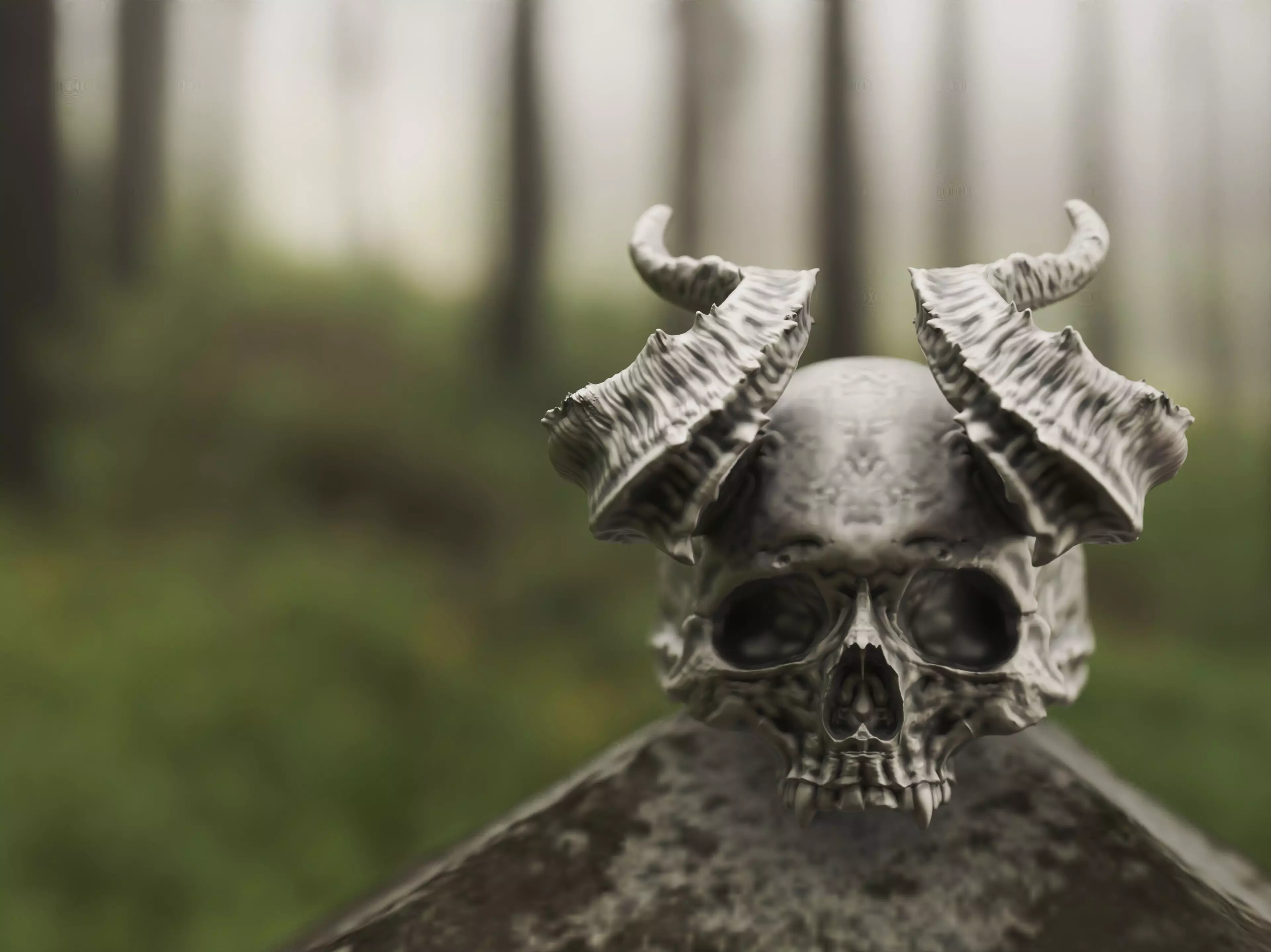 Realistic Ring Demon Skull with Horns 2 3D print model