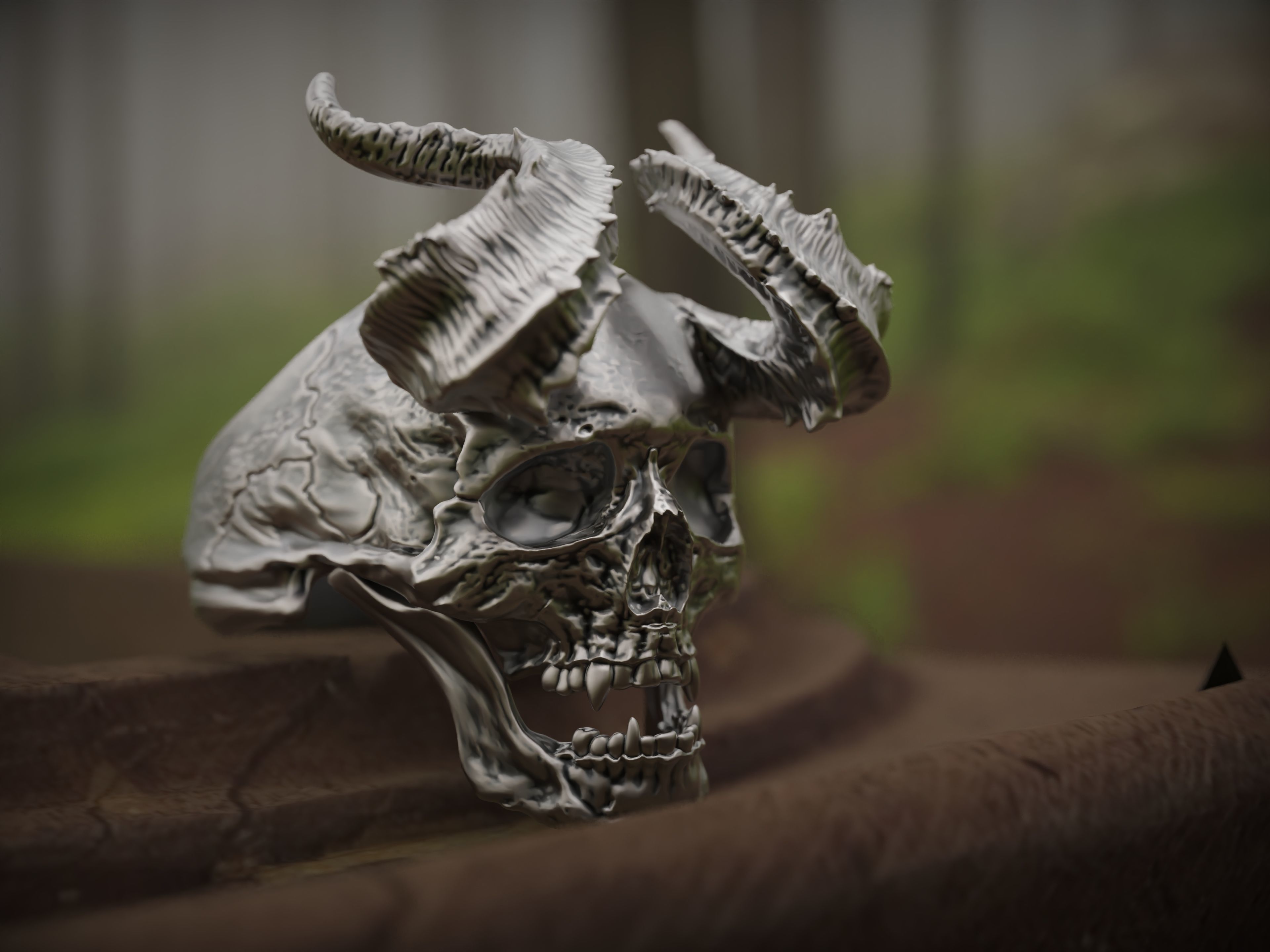 Realistic Ring Demon Skull with Horns 3D print model_1