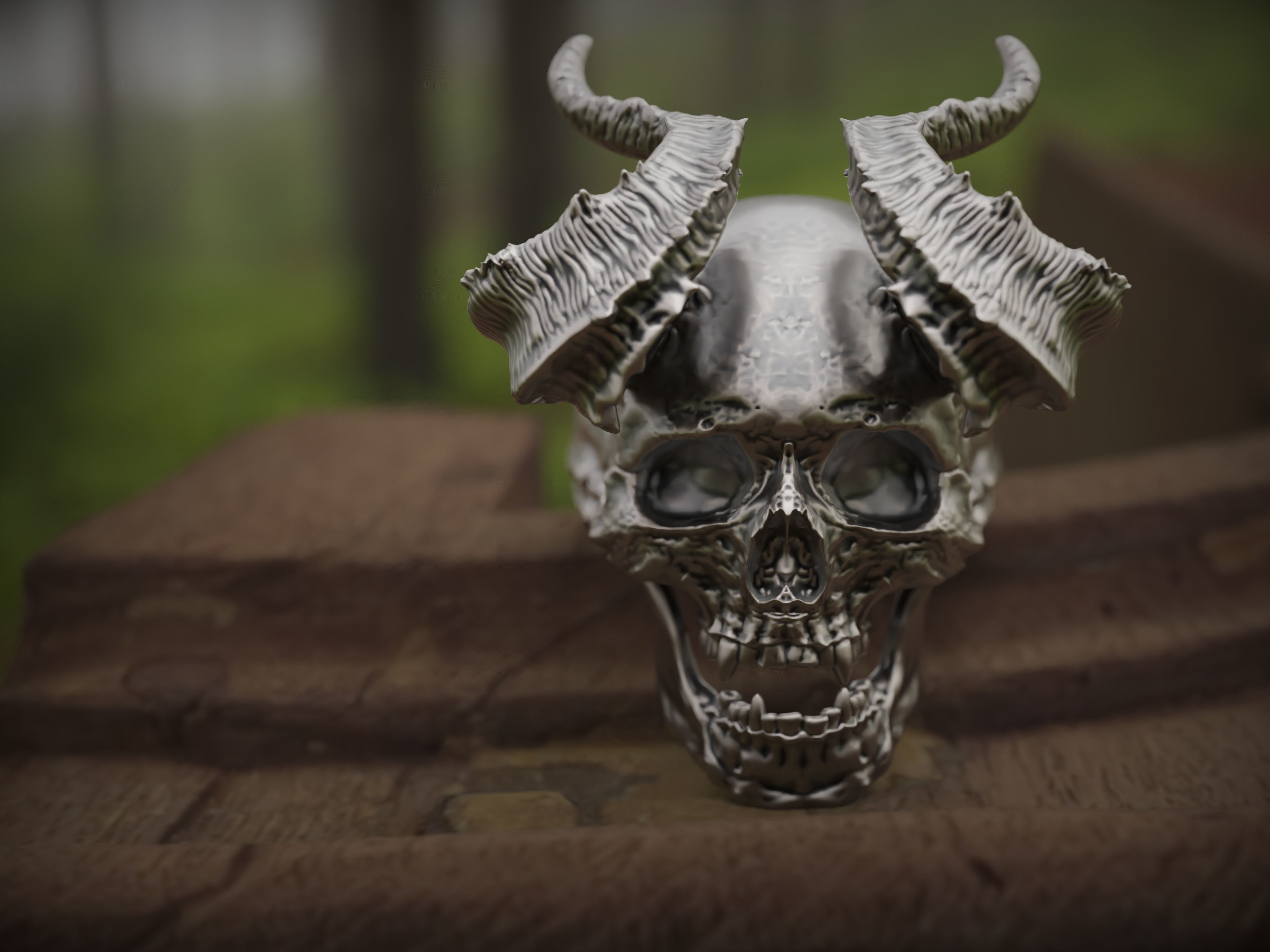 Realistic Ring Demon Skull with Horns 3D print model_2