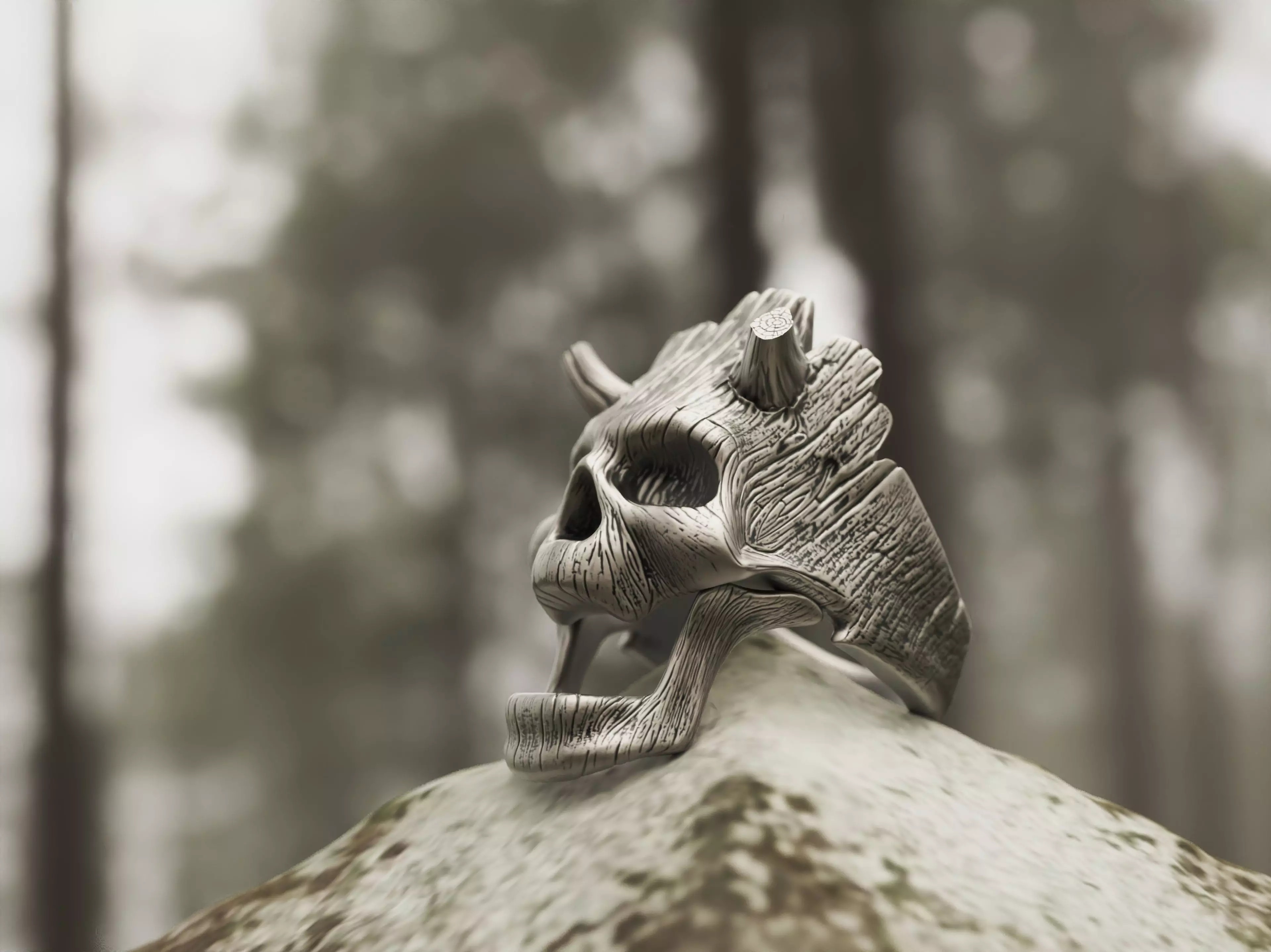 Ring Wooden Skull with Horns 3D print model