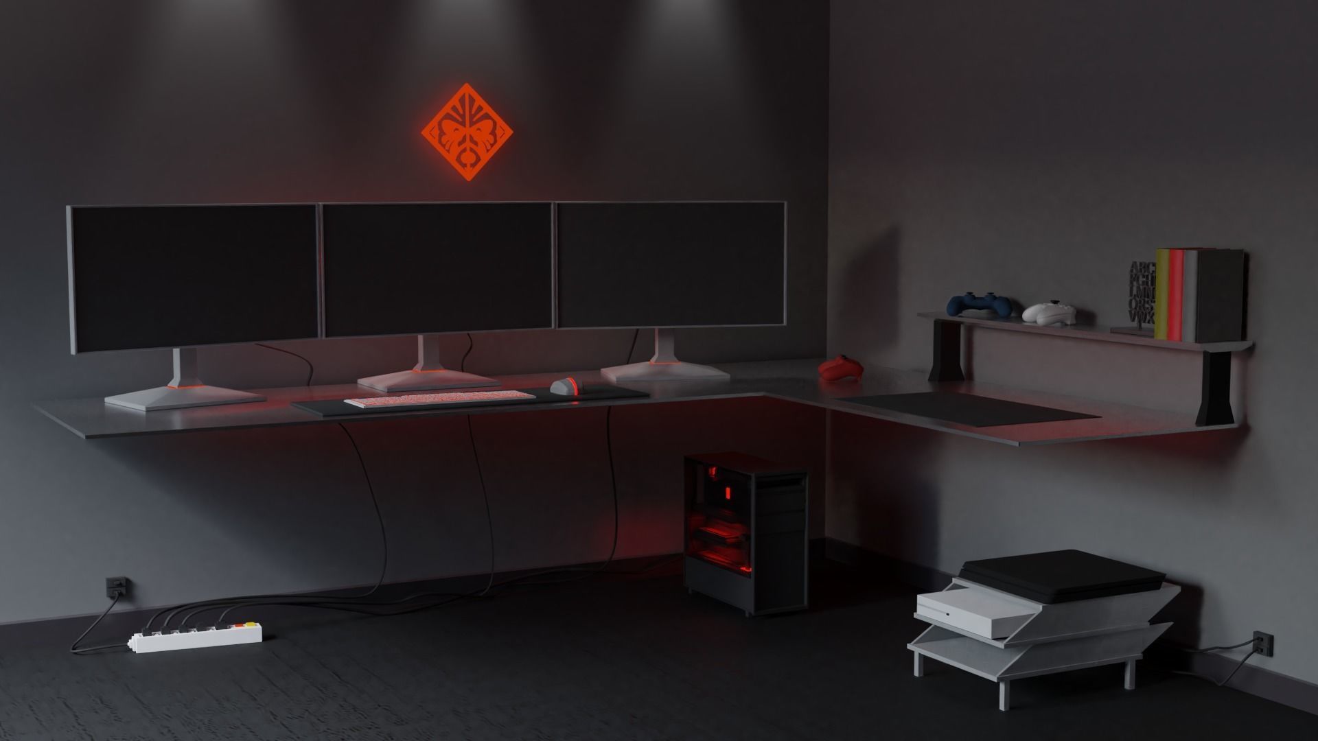Triple monitor Low-poly 3D model_1