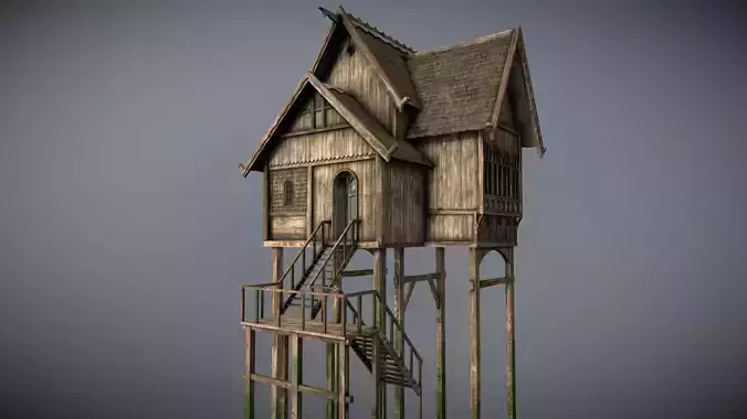 Medieval Lake Village - House 7 with interiors Low-poly 3D model
