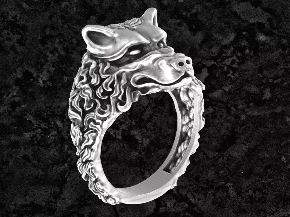 Wolf-ring wolf head sterling silver ring 3D print model_0
