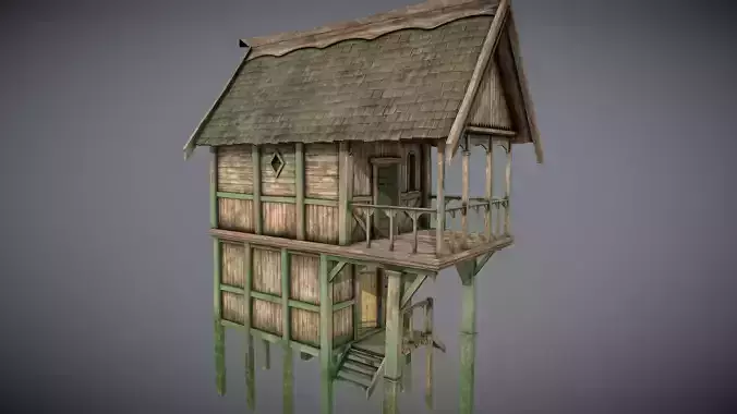 Medieval Lake Village - House 12 with interiors Low-poly 3D model