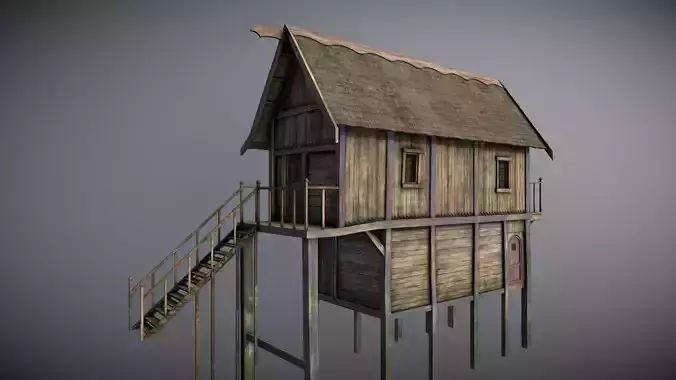 Medieval Lake Village - House 13 with interiors Low-poly 3D model