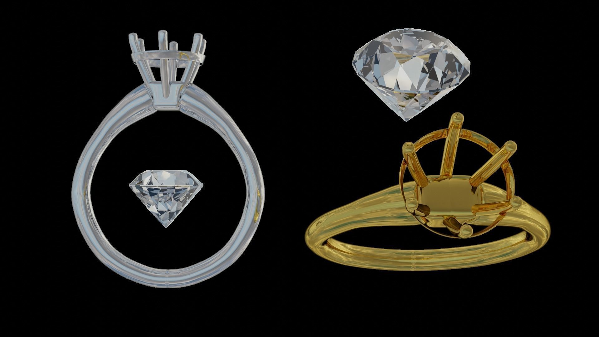 Gold and Platinum Diamond Solitaire Rings 3D model_5