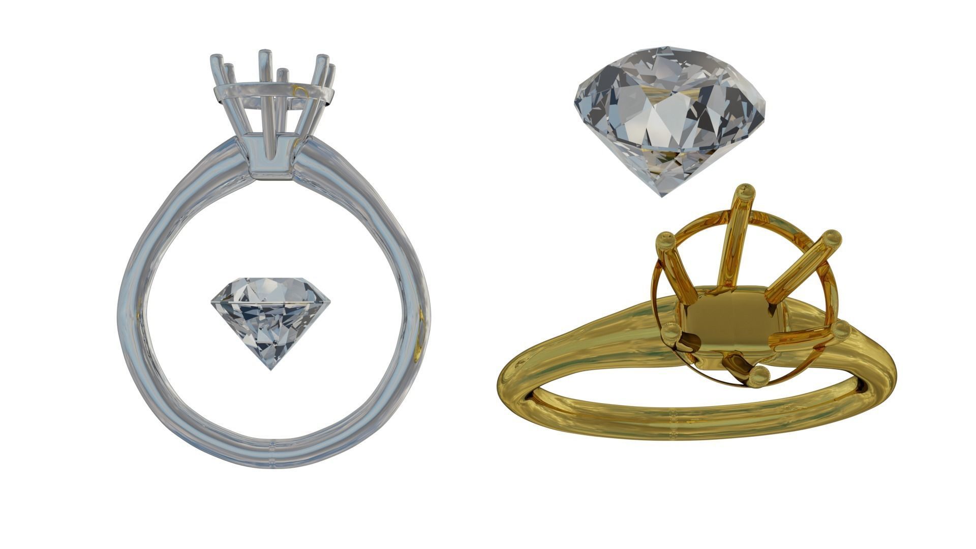 Gold and Platinum Diamond Solitaire Rings 3D model_2
