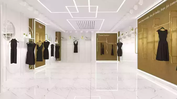 SHOPWEAR fashion store with gold and marble floors