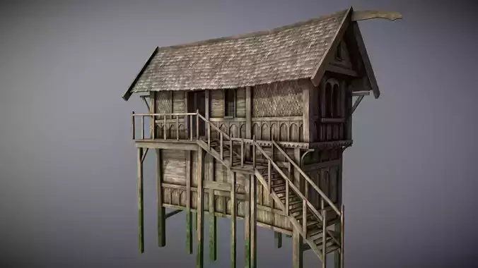 Medieval Lake Village - House 17 with interiors Low-poly 3D model