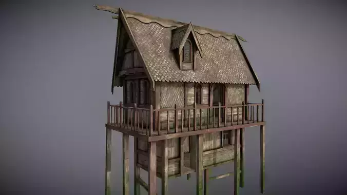 Medieval Lake Village - House 19 with interiors Low-poly 3D model